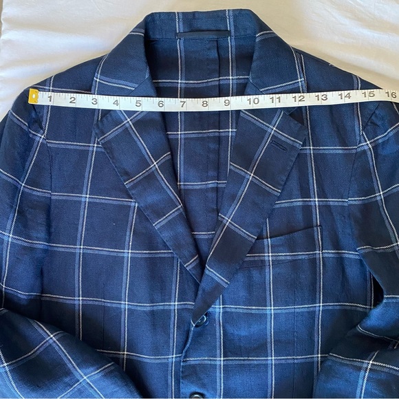 UNITED ARROWS SOVEREIGN men’s navy windowpane linen jacket, JP size 44 (US 34S) - Picture 5 of 13